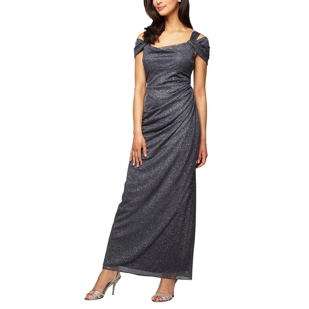 Alex Evenings Cold Shoulder Glitter Mesh Dress with Draped Skirt & Cowl 8P